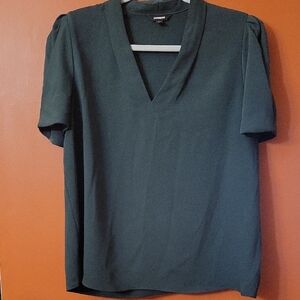 Express Dark Green V-Neck Short Sleeve Blouse
